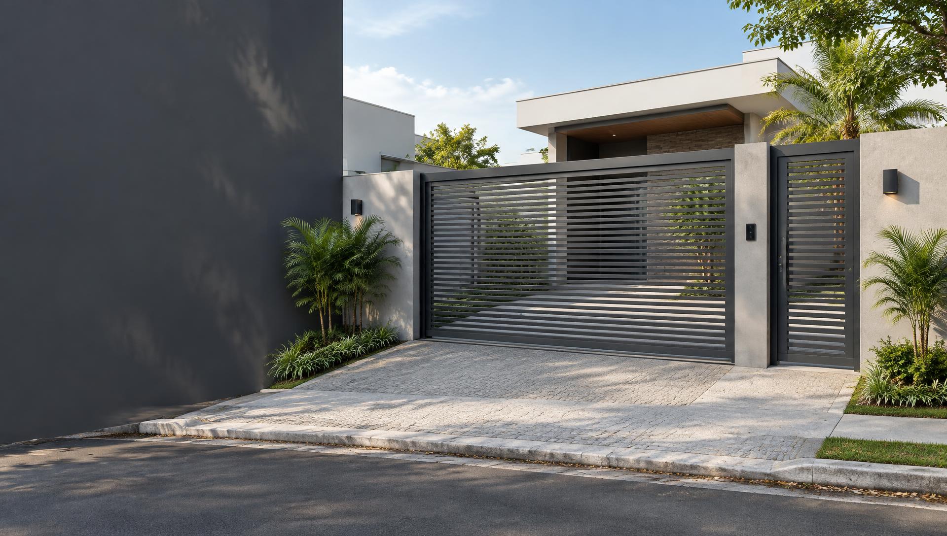 Portão metálico de linhas horizontais em fachada residencial contemporânea