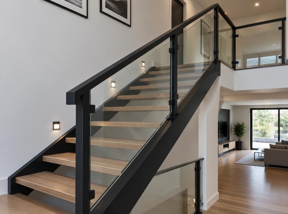 Escada com corrimão de aço preto e vidro